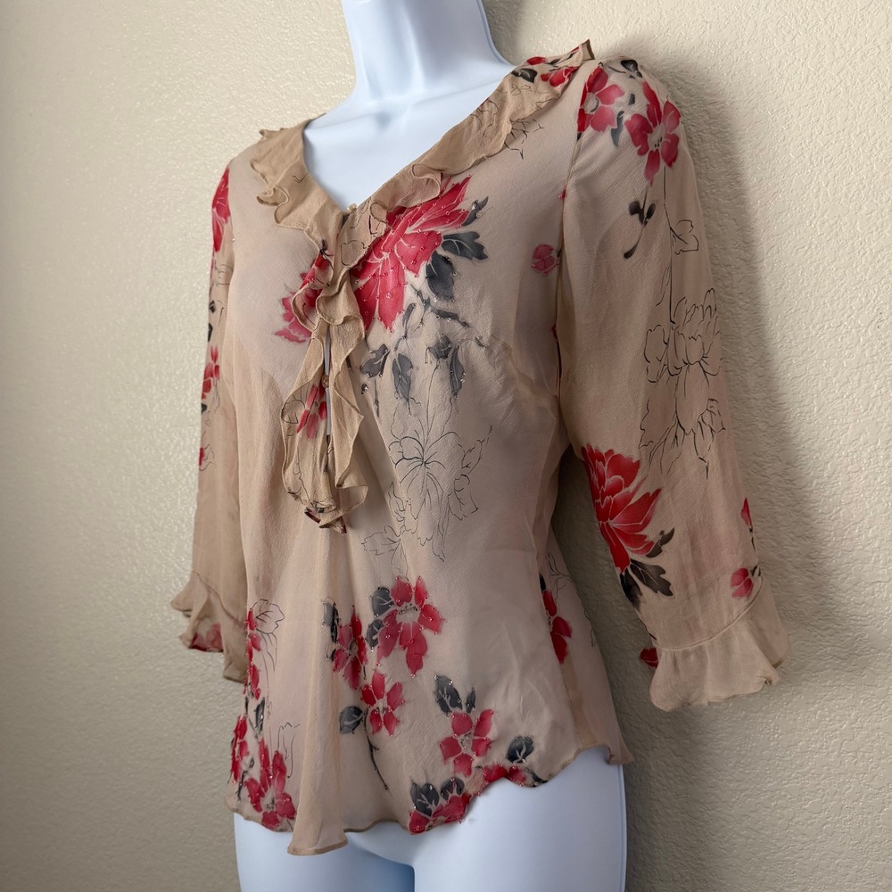 Y2K Euro Floral Beaded 100% Silk Ruffle Sheer Top Vision Apparel Tan Red Medium - Picture 6 of 11